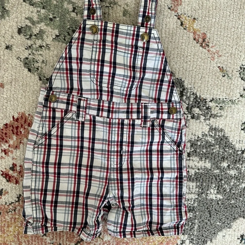 Y2K Gymboree Baby Boy Plaid Red White Blue Overalls Shortalls 6-12 M 100% Cotton